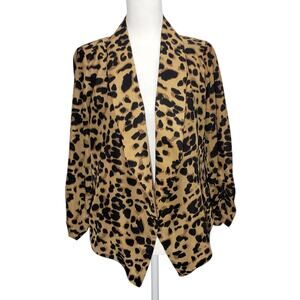 Pearl Black Tan Leopard Ruch Sleeve Open Front Cardigan M
